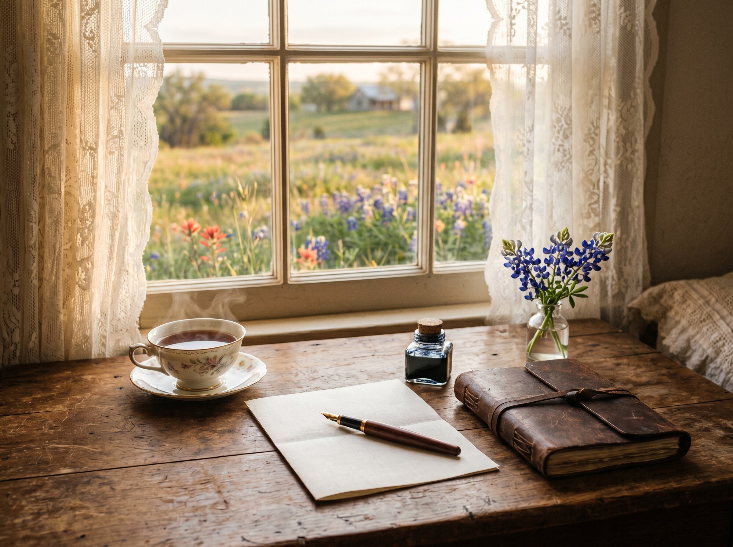 Escritorio editorial con taza de té, pluma fuente y flores silvestres de Texas junto a una ventana con vista al campo.